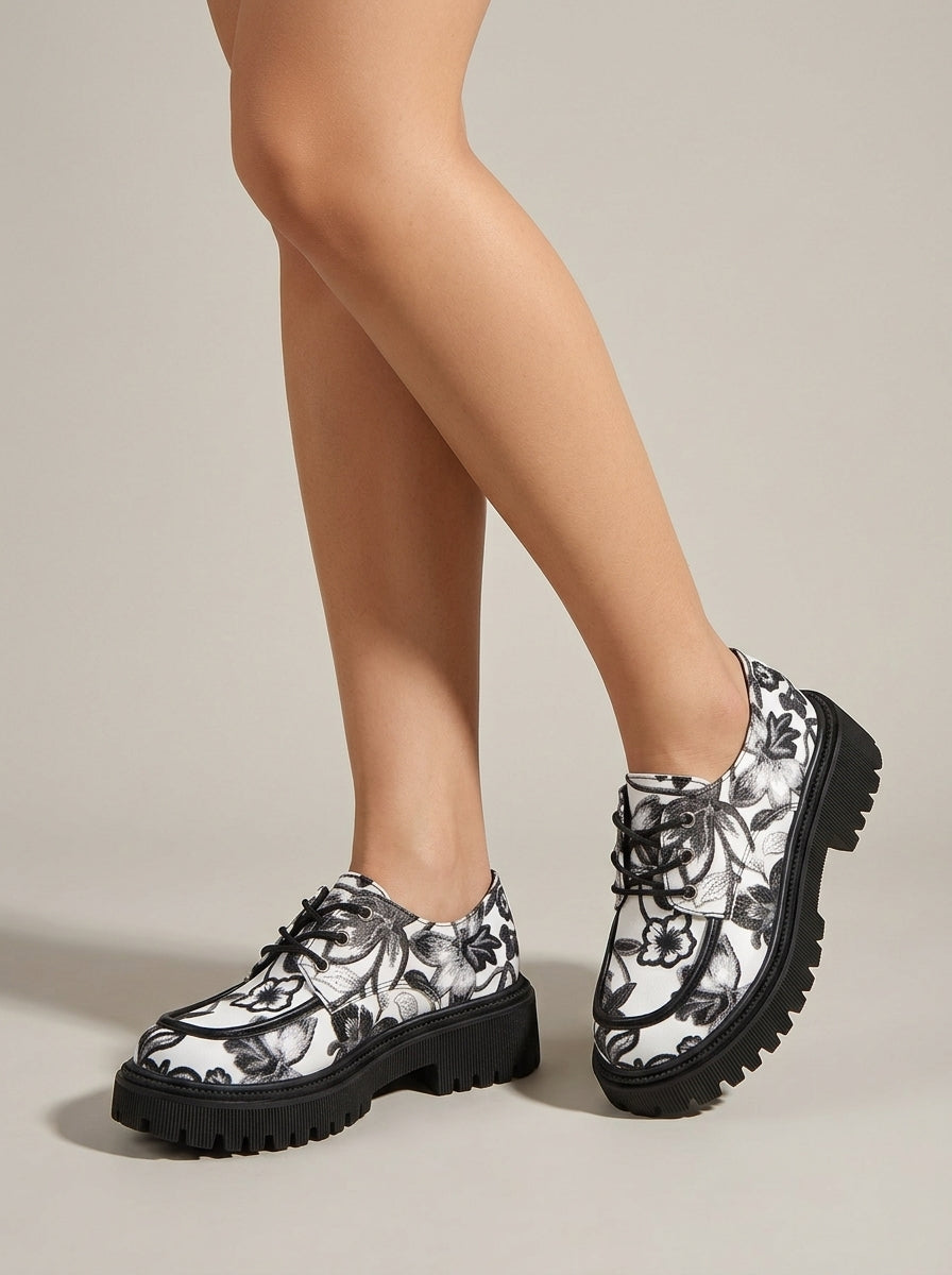 Women's Platform Loafers - Floral Print - Round Toe - Lace-Up