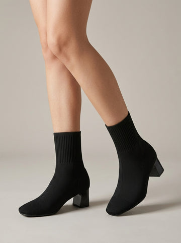 Women's Ankle Boots Knit Sock-Style - Square Toe Block Heel