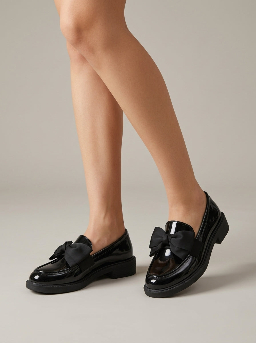 Women's Penny Loafers with Bow Detail - Patent Finish - Low Block Heel