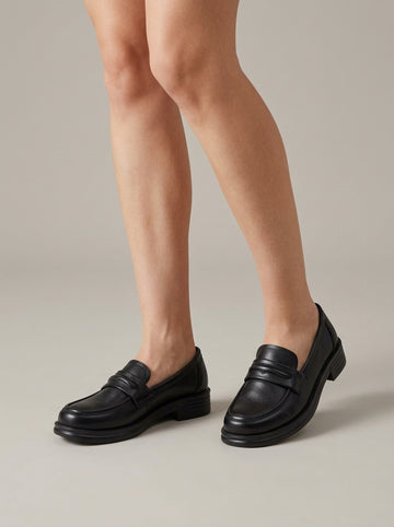 Women's Round Toe Penny Loafers with Slip-On Closure and Topstitched Trim