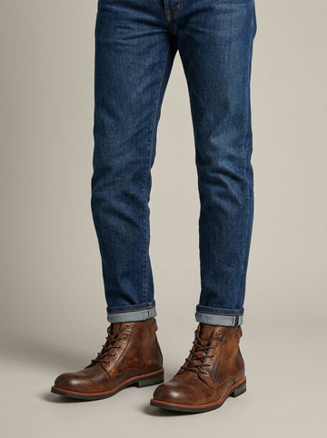 Men's Ankle Boots - Lace-Up - Round Toe - Leather - Low Heel