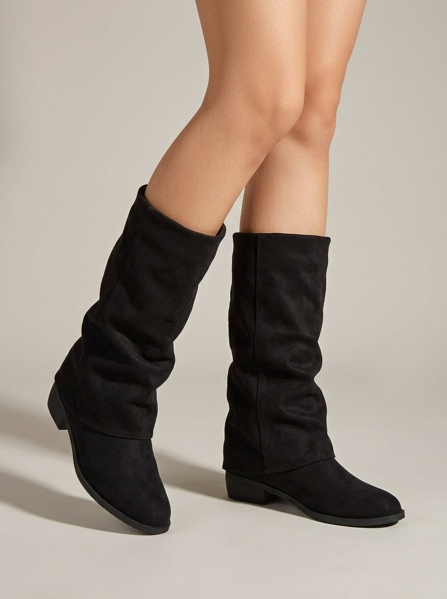 Women's Knee High Boots - Slouchy - Low Block Heel - Suede
