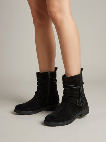Women's Ankle Boots Side Zip Wrap Strap Tassel Buckle Low Block Heel