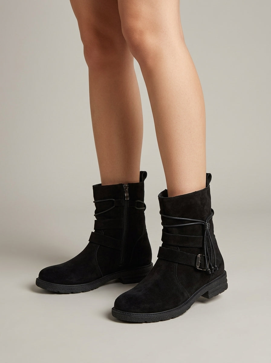 Women's Ankle Boots Side Zip Wrap Strap Tassel Buckle Low Block Heel