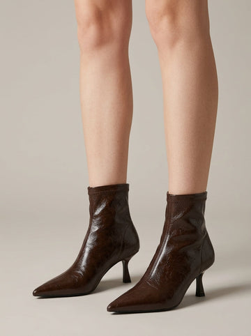 Women's Ankle Boots - Pointed Toe - Kitten Heel - Crinkled Finish