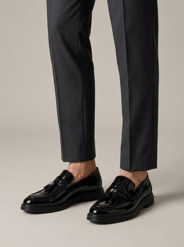 Men's Patent Tassel Loafers with Round Toe and Chunky Sole