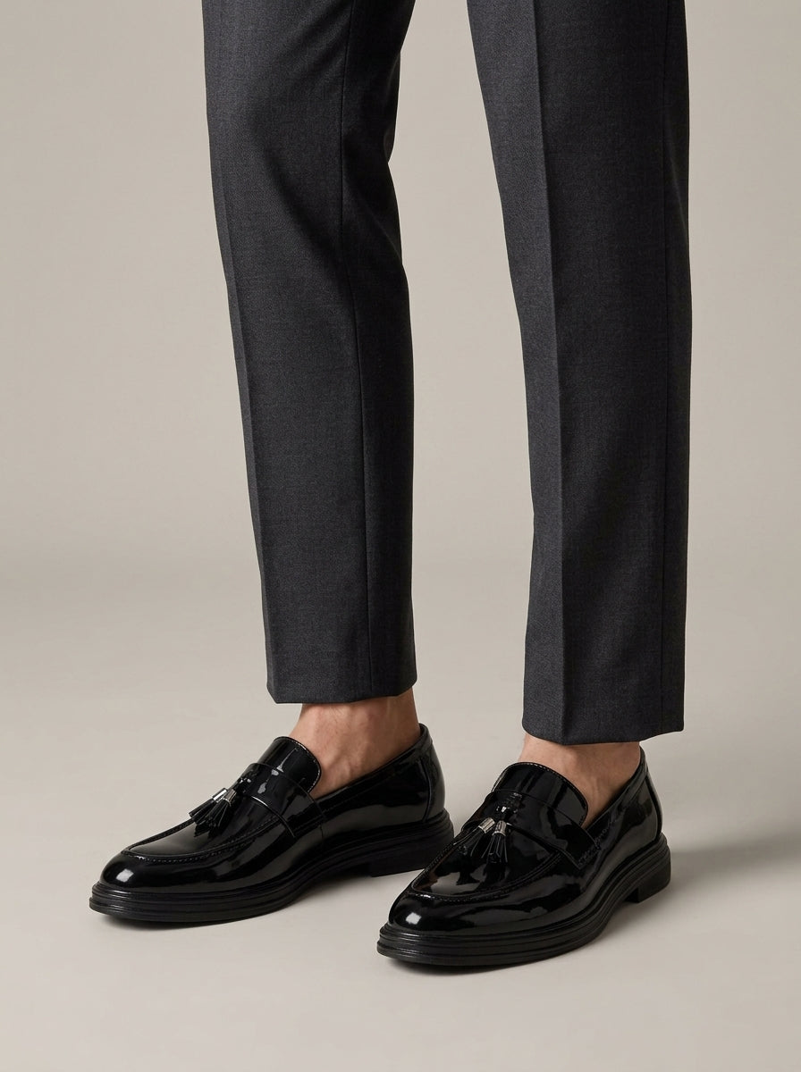 Men's Patent Tassel Loafers with Round Toe and Chunky Sole