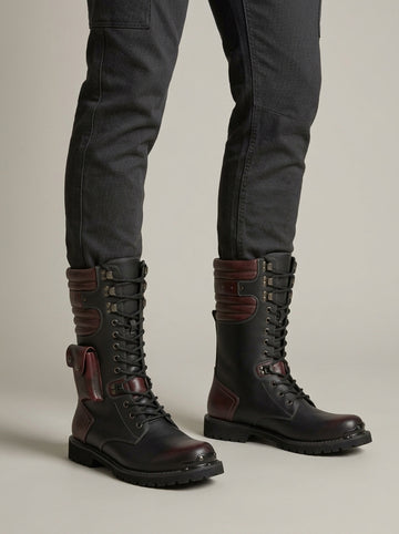 Men's Motorcycle Boots High-Top Lace-Up Thick-Sole