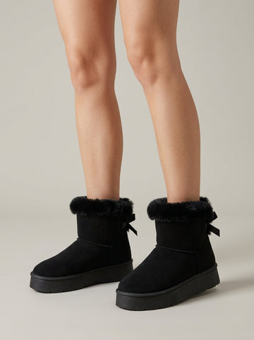 Women's Ankle Boots Platform Faux Fur Trim Ribbon Bow Pull-On
