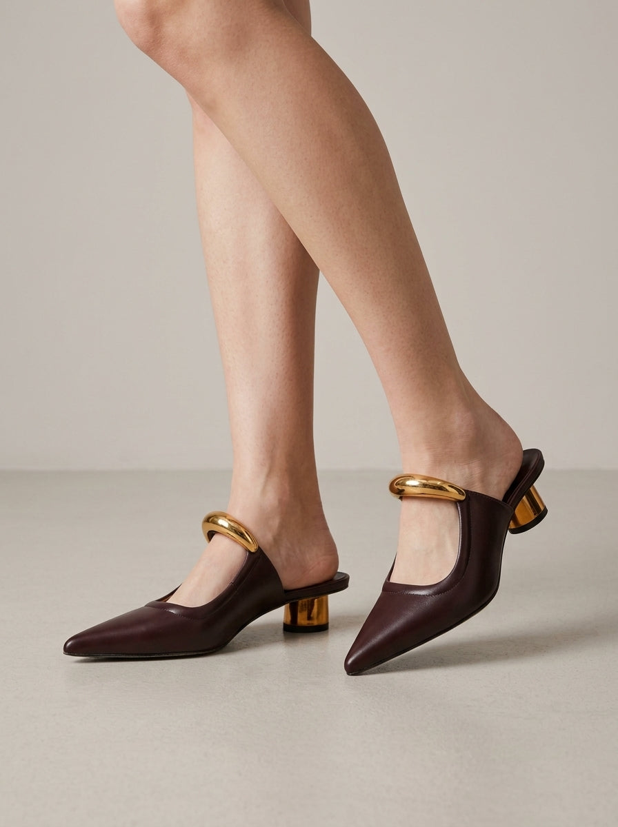 Women's Mule Low Cylinder Heels - Sculptural Bar Detail
