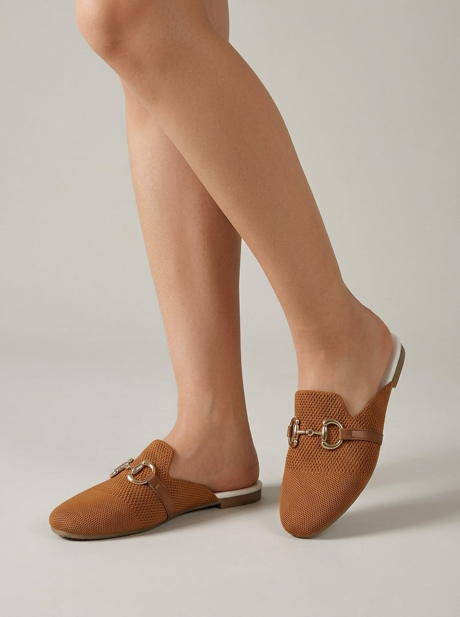 Women's Mule Flats - Pointed Toe - Mesh Upper - Buckle Strap