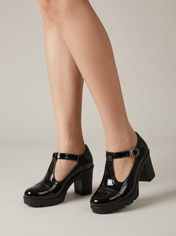 Women's Mary Jane Heels T-Bar Block Heel Platform Patent Leather