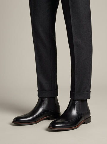 Men’s Patent Chelsea Boots with Brogue Wingtip Detail, Elastic Gusset and Pull Tab