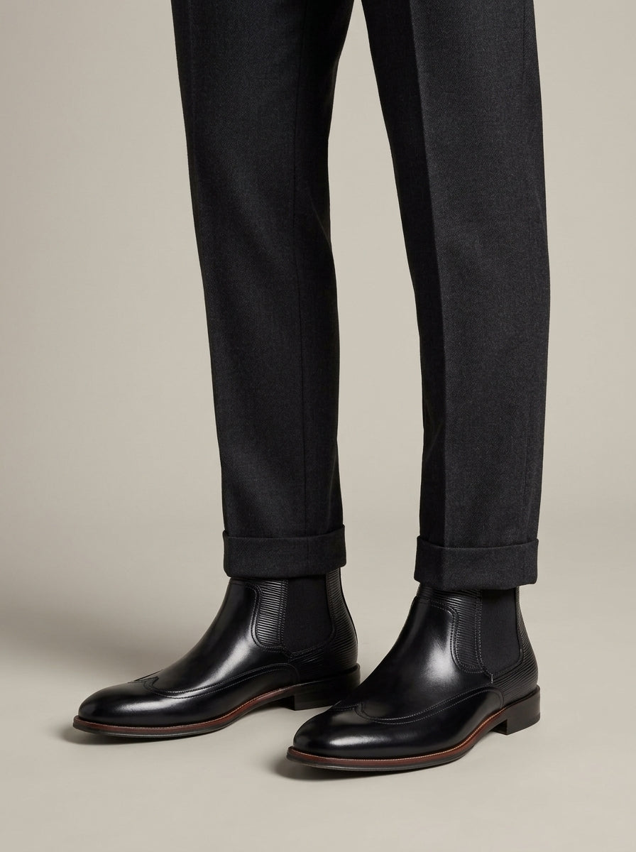 Men’s Patent Chelsea Boots with Brogue Wingtip Detail, Elastic Gusset and Pull Tab