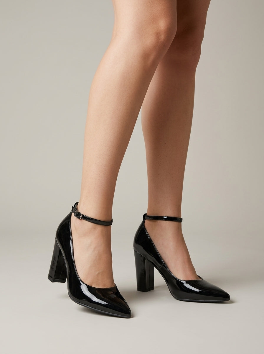 Women's Heels Pointed Toe Ankle Strap Block Heel Patent Finish