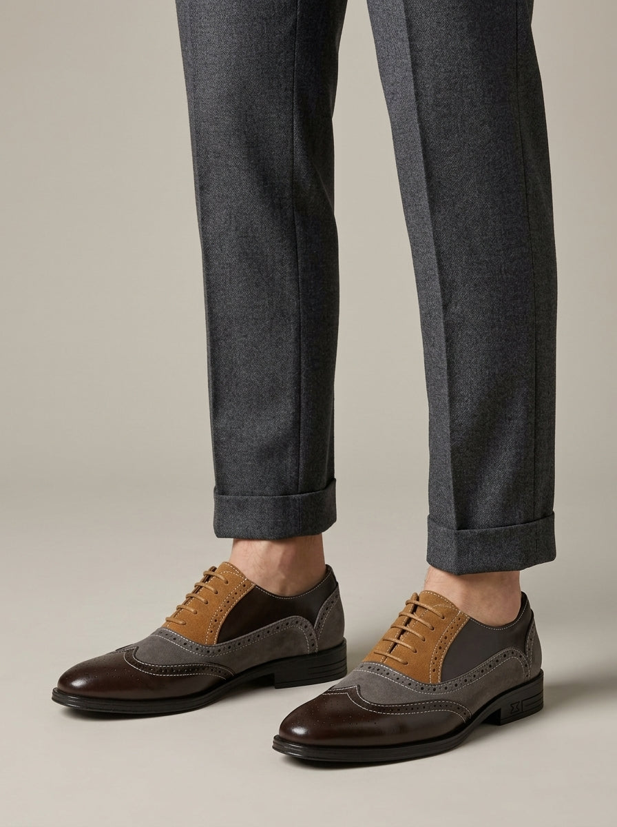 Men's Oxford Brogue Wingtip Lace-Up Low Block Heel