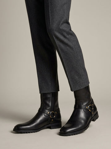 Men's Ankle Boots Suede Chain Harness Strap Side Zip Block Heel