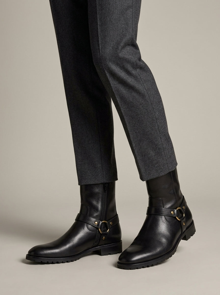 Men's Ankle Boots Suede Chain Harness Strap Side Zip Block Heel