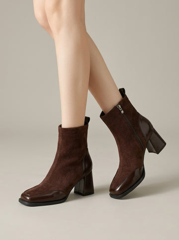 Women's Ankle Boots Block Heel Square Toe - Suede Side Zipper