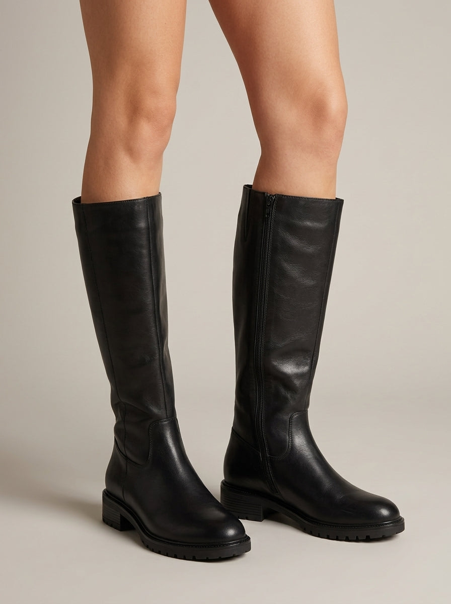 Women's Knee High Boots - Block Heel - Side Zip - Round Toe