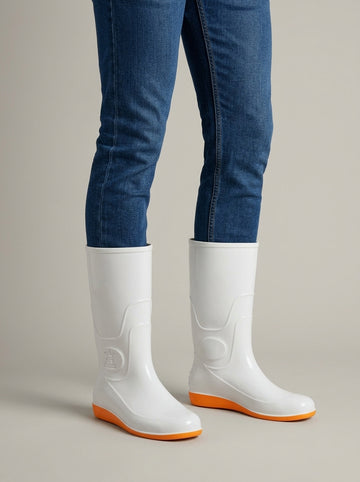 Women's Rain Boots - Mid-Calf - Glossy PVC - Light Wedge Heel