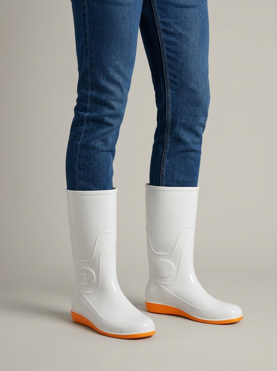 Women's Rain Boots - Mid-Calf - Glossy PVC - Light Wedge Heel