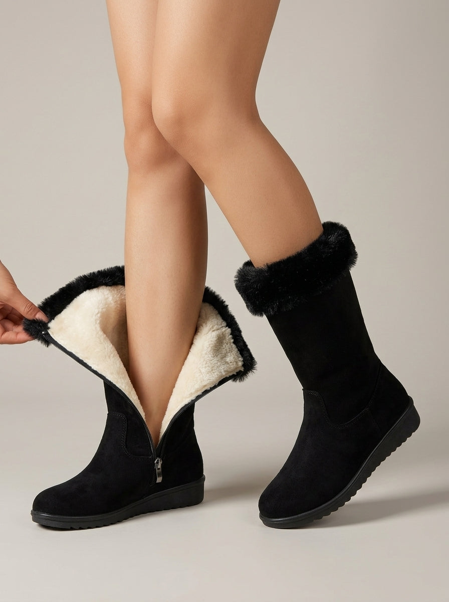 Women's Boots Mid-Calf Fur-Trimmed Side-Zip Wedge Sole