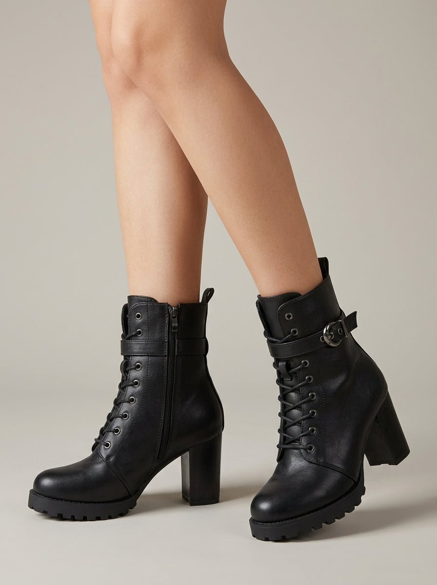 Women's Ankle Boots Block Heel Lace-Up Buckle Strap Platform