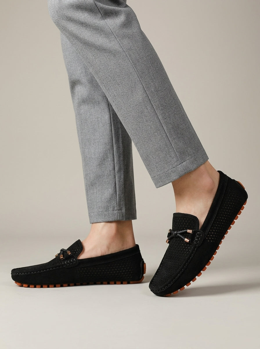 Men's Loafers Perforated Suede Driving Moccasins Metal Bit Detail