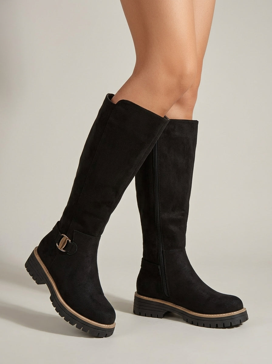 Women's Knee High Boots - Side Zip - Buckle Detail - Lug Sole