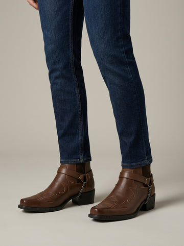 Men’s Western Chelsea Boots with Embroidered Toe Cap, Harness Strap, Chain Detail