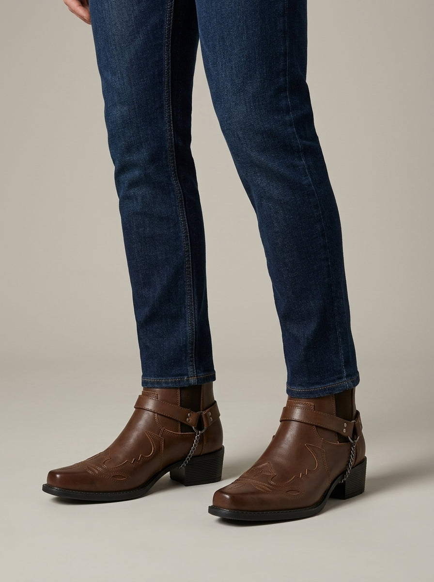 Men’s Western Chelsea Boots with Embroidered Toe Cap, Harness Strap, Chain Detail