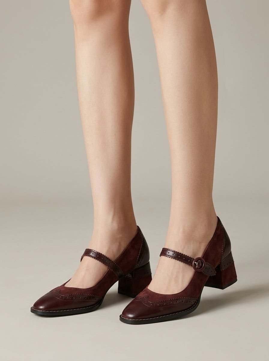 Women's Mary Jane Heels Square Toe - Brogue Perforated - Block Heel