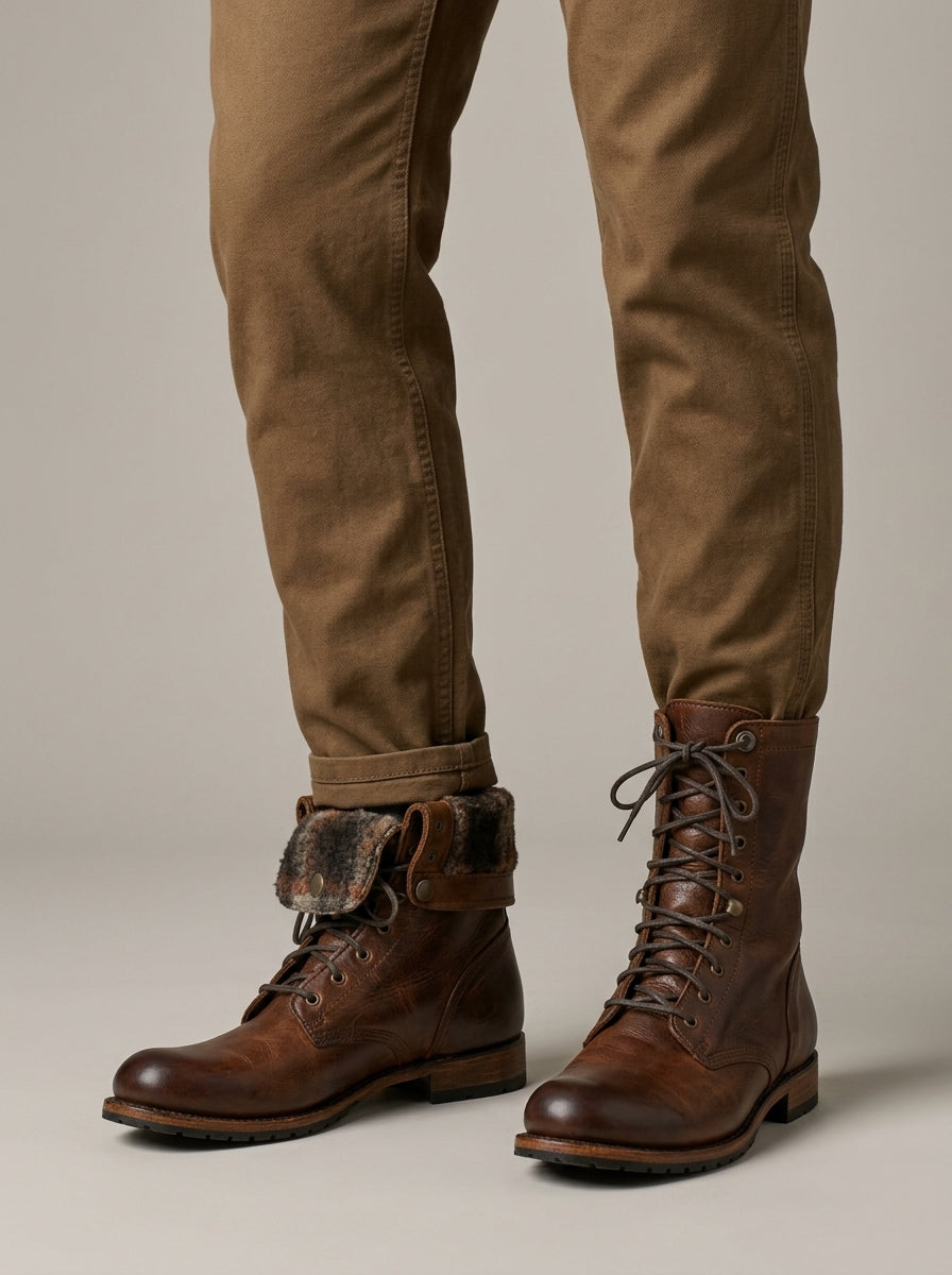 Men's Boots - Mid-Calf - Lace-Up - Round Toe - Low Heel - Leather
