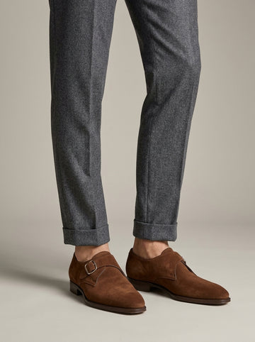 Men's Monk Strap Shoes - Suede - Almond Toe - Low Block Heel