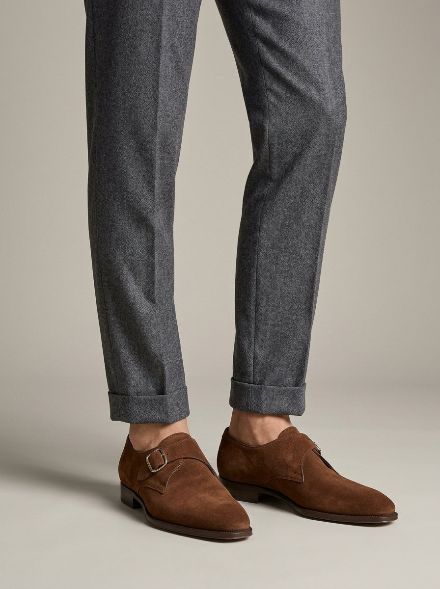 Men's Monk Strap Shoes - Suede - Almond Toe - Low Block Heel