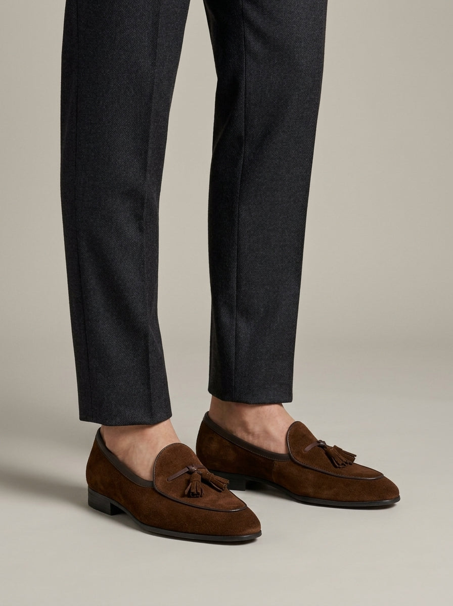 Men's Genuine Leather Tassel Loafers Slip-On Low Heel Rounded Toe