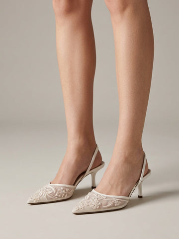 Women's Kitten Heels Embroidered Mesh Pointed Toe Slingback