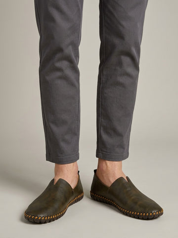 Men's Slip-On Loafers - Leather - Hand-Stitched Sole - Pull Tab