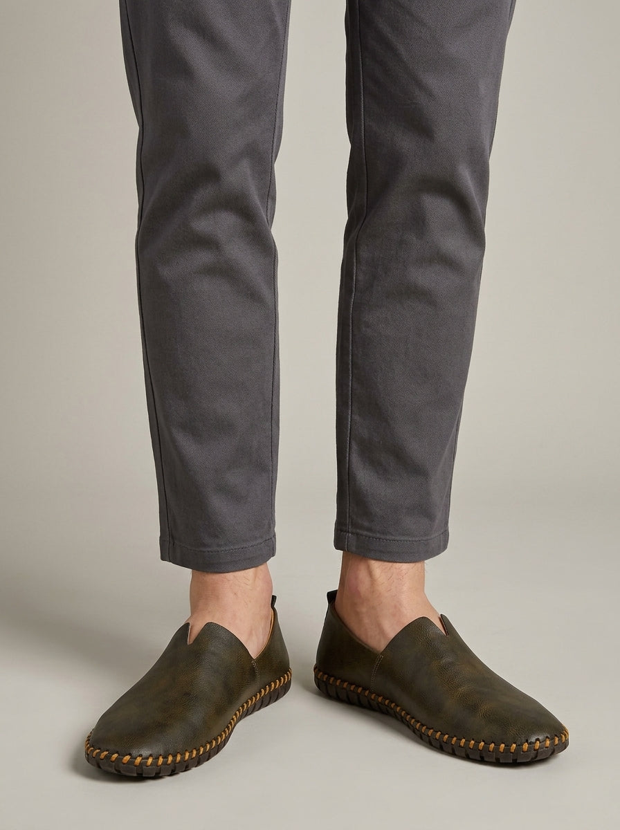 Men's Slip-On Loafers - Leather - Hand-Stitched Sole - Pull Tab