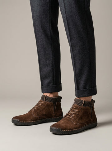 Men’s Suede High-Top Sneaker Boots with Lace-Up Front, Knit Collar