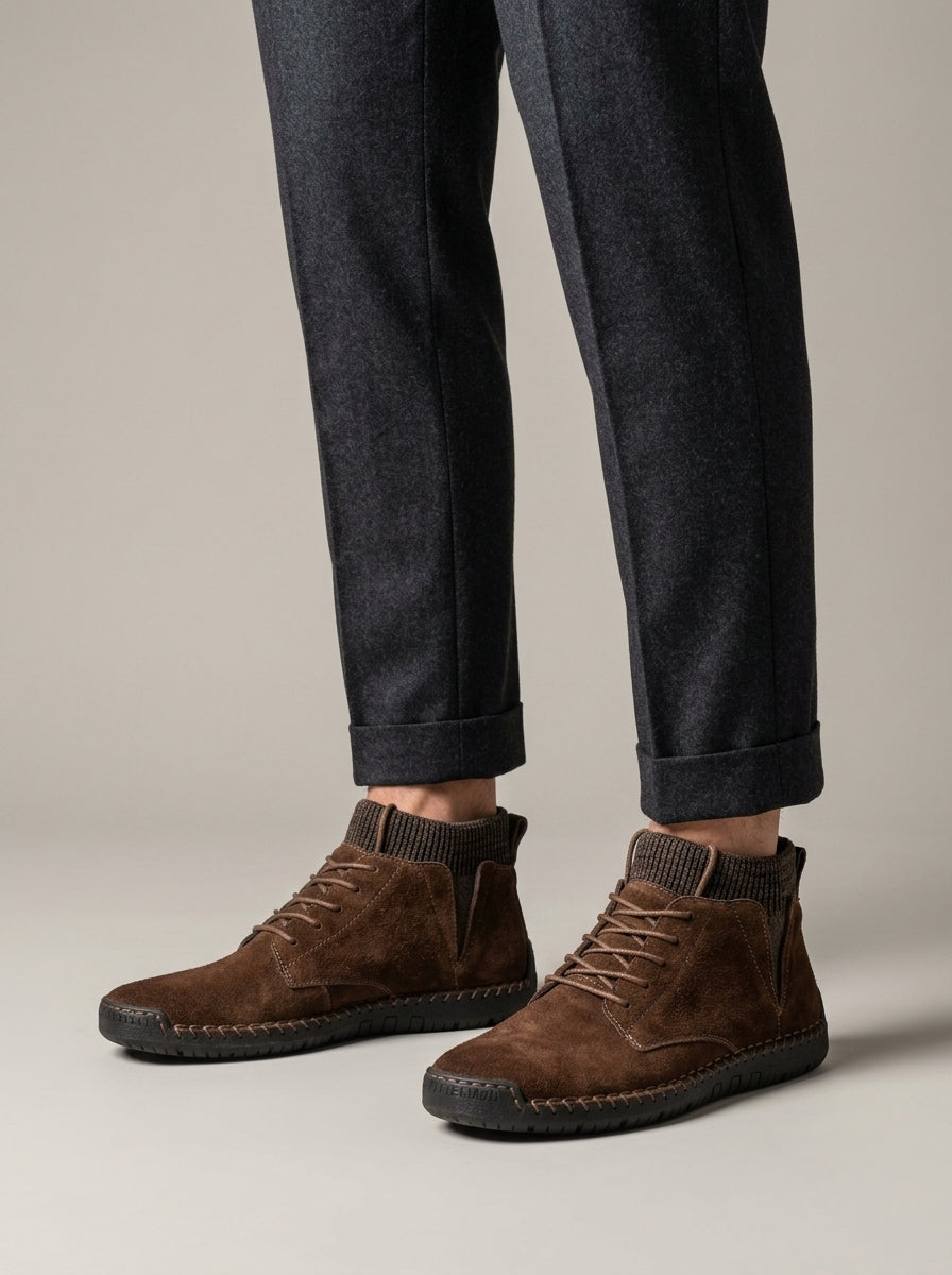 Men’s Suede High-Top Sneaker Boots with Lace-Up Front, Knit Collar