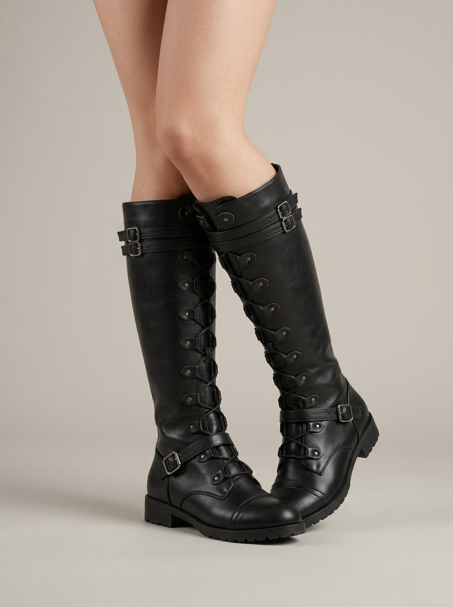 Women's Boots Knee-High Lace-Up Buckle Straps Low Block Heel