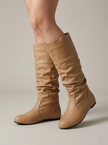 Women's Knee High Boots - Slouchy Shaft - Flat Sole - Round Toe