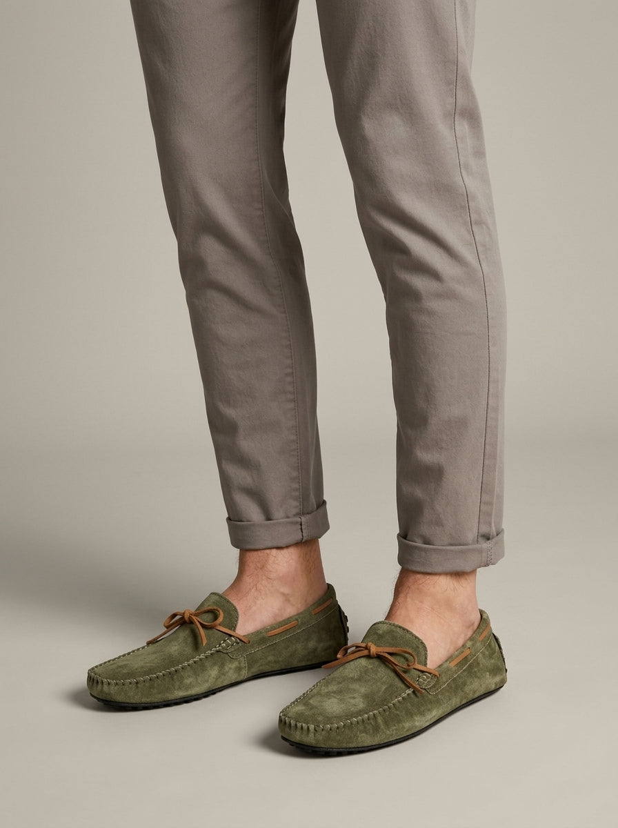 Men's Loafers Suede Bow Tie Driving Moccasins Rubber Pebble Sole