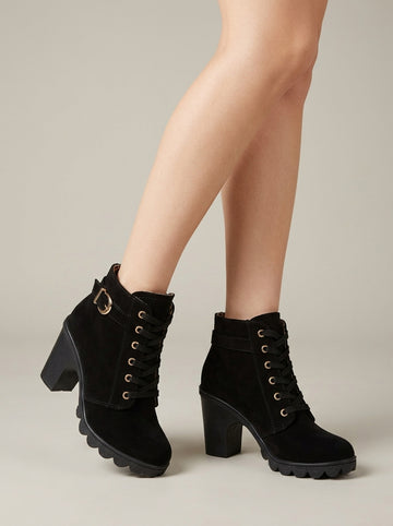 Women's Lace-Up Ankle Boots with Buckle Strap and Platform Sole
