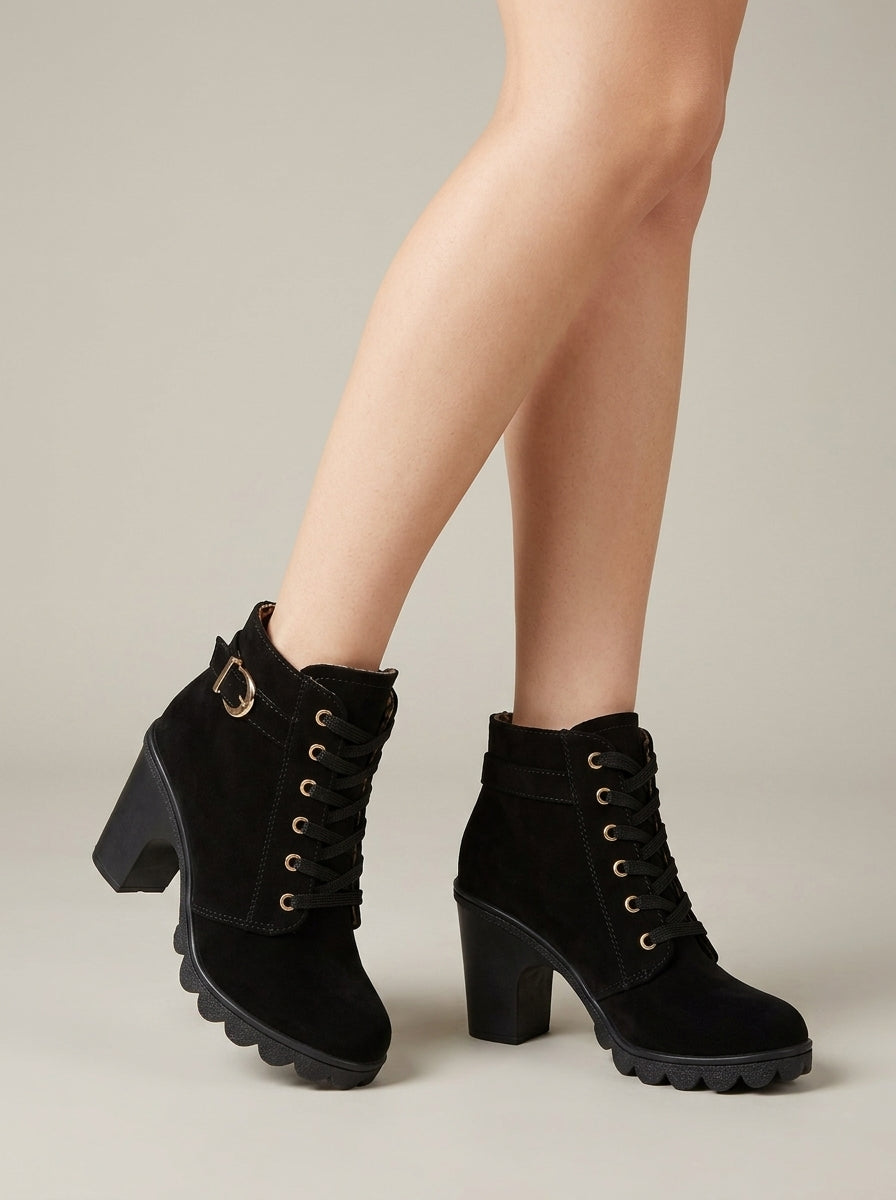 Women's Lace-Up Ankle Boots with Buckle Strap and Platform Sole