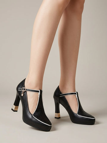 Women’s T-Strap Heels with Square Toe, Gold-Tone Buckle