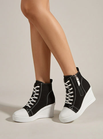 Women's Wedge Sneakers High-Top Lace-Up Side-Zip Platform