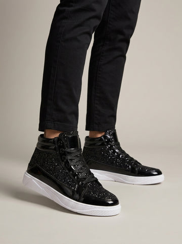 Men's High-Top Sneakers Glitter Metallic Lace-Up White Sole